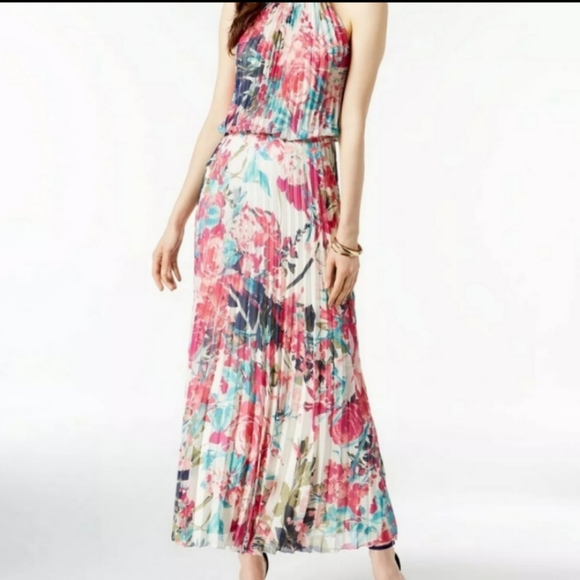 MSK Dresses & Skirts - MSK Pleated Floral Blouson Halter Maxi Dress Size 14